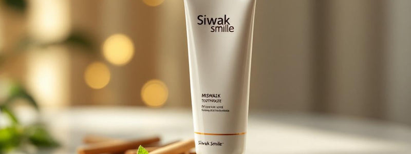 Tube de dentifrices siwak SiwakSmile sur marbre blanc, bâtons de siwak et feuilles de menthe disposés harmonieusement, baignés d’une lumière douce évoquant pureté et fraîcheur végétale.
