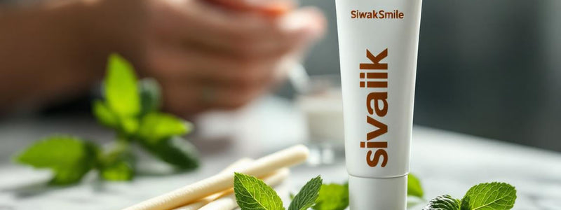 Composition zen de bâtons de siwak et d’un tube de dentifrice au siwak, posés sur un marbre épuré, entourés de feuilles de menthe pour une fraîcheur naturelle.
