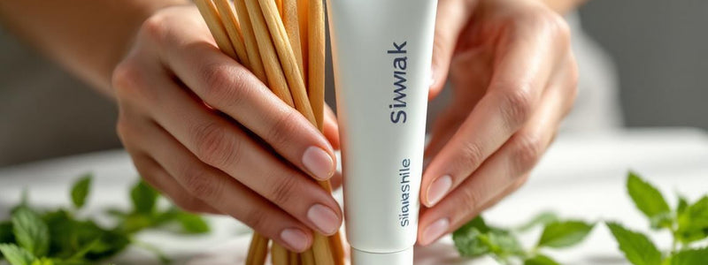 Flacon de dentifrice SiwakSmile et bâtons de siwak disposés sur un marbre blanc entouré de brins de menthe. Ambiance spa évoquant siwak avis dentiste et pureté naturelle.