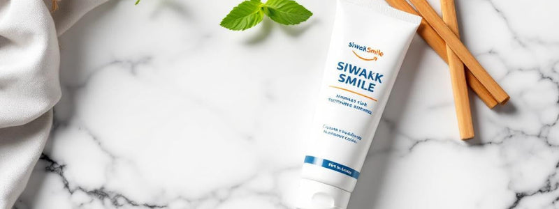 Composition zen de bâtons de siwak naturels et tube de siwak dentifrice SiwakSmile sur marbre blanc, agrémentés de brins de menthe, dans une lumière douce et apaisante.