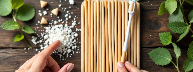 Plan zen révélant un siwak dangereux aux racines boisées authentiques, un tube SiwakSmile et des feuilles de menthe évoquant pureté et fraîcheur naturelle.