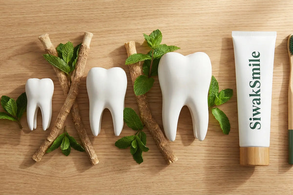 Les dents de siwak illustré avec le dentifrice et la brosse à dents