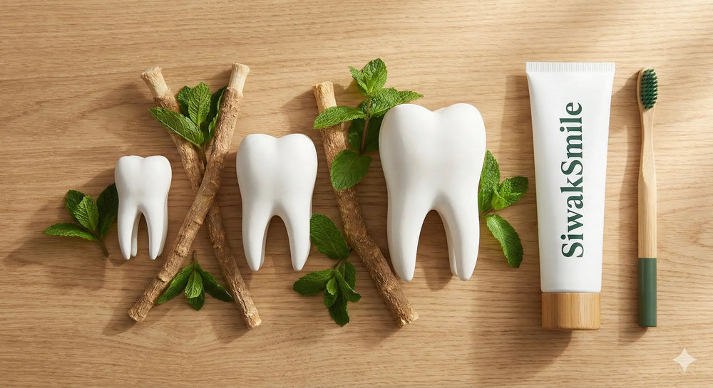 Les dents de siwak illustré avec le dentifrice et la brosse à dents