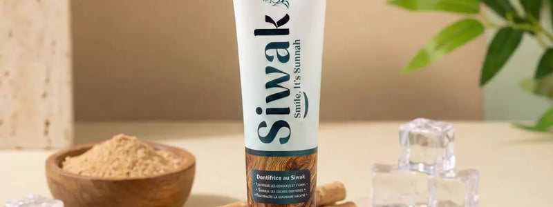 Tube de dentifrice naturel Siwak Smile posé verticalement sur une pierre beige, accompagné d'une brosse à dents en bambou, de bâtons de siwak bruts et de glaçons évoquant la fraîcheur, dans un décor zen et végétal. Email & Céramique