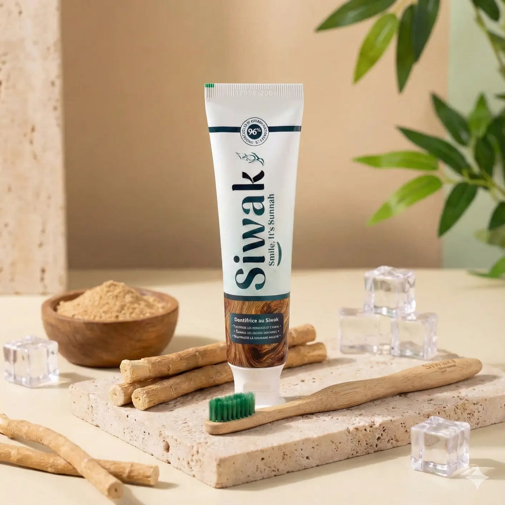 Tube de dentifrice naturel Siwak Smile posé verticalement sur une pierre beige, accompagné d'une brosse à dents en bambou, de bâtons de siwak bruts et de glaçons évoquant la fraîcheur, dans un décor zen et végétal. Email & Céramique