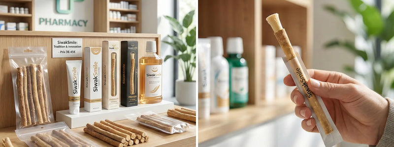 Gamme de produits d'hygiène dentaire SiwakSmile présentée sur un comptoir en bois avec un flou d'arrière-plan de pharmacie, illustrant les options de siwak premium et dentifrice naturel disponibles à l'achat.