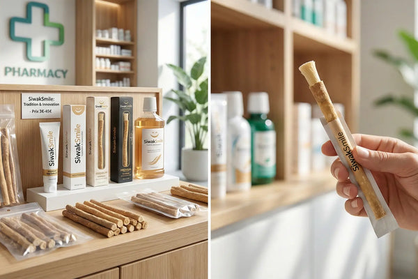 Gamme de produits d'hygiène dentaire SiwakSmile présentée sur un comptoir en bois avec un flou d'arrière-plan de pharmacie, illustrant les options de siwak premium et dentifrice naturel disponibles à l'achat.