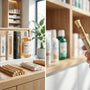 Gamme de produits d'hygiène dentaire SiwakSmile présentée sur un comptoir en bois avec un flou d'arrière-plan de pharmacie, illustrant les options de siwak premium et dentifrice naturel disponibles à l'achat.
