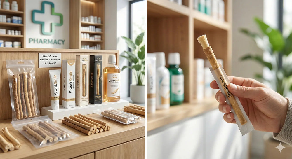 Gamme de produits d'hygiène dentaire SiwakSmile présentée sur un comptoir en bois avec un flou d'arrière-plan de pharmacie, illustrant les options de siwak premium et dentifrice naturel disponibles à l'achat.