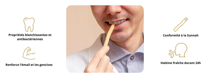 Illustration SIWAKSMILE image centrale et quatre schéma illustrant les bienfaits du siwak