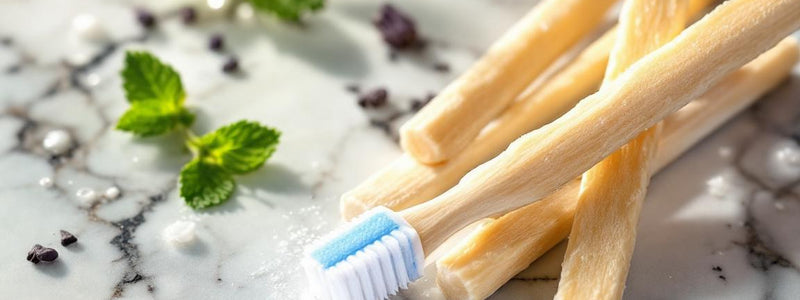 Plan rapproché d’un bâton de siwak et dentifrice SiwakSmile posés sur marbre, entourés de feuilles de menthe, évoquant fraîcheur et naturel pour le siwak ramadan