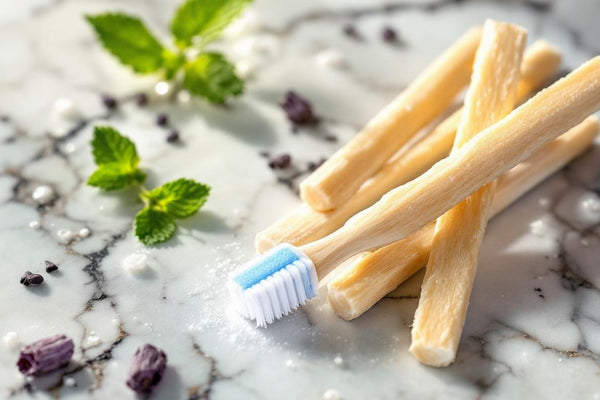 Plan rapproché d’un bâton de siwak et dentifrice SiwakSmile posés sur marbre, entourés de feuilles de menthe, évoquant fraîcheur et naturel pour le siwak ramadan