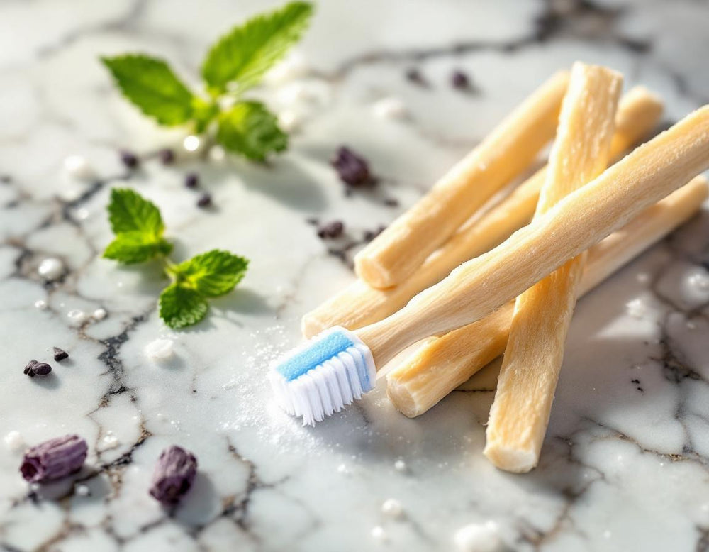 Plan rapproché d’un bâton de siwak et dentifrice SiwakSmile posés sur marbre, entourés de feuilles de menthe, évoquant fraîcheur et naturel pour le siwak ramadan