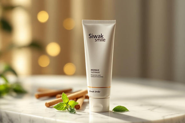 Tube de dentifrices siwak SiwakSmile sur marbre blanc, bâtons de siwak et feuilles de menthe disposés harmonieusement, baignés d’une lumière douce évoquant pureté et fraîcheur végétale.