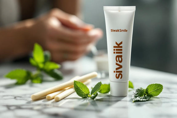 Composition zen de bâtons de siwak et d’un tube de dentifrice au siwak, posés sur un marbre épuré, entourés de feuilles de menthe pour une fraîcheur naturelle.