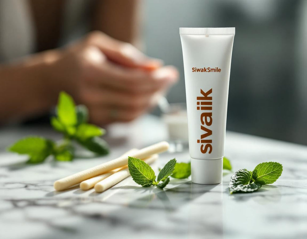 Composition zen de bâtons de siwak et d’un tube de dentifrice au siwak, posés sur un marbre épuré, entourés de feuilles de menthe pour une fraîcheur naturelle.