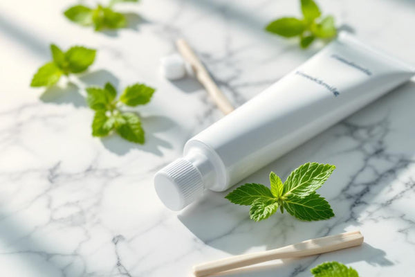 Plan rapproché de bâtons de siwak disposés avec un tube de SiwakSmile sur marbre blanc, entourés de feuilles de menthe, illustrant un moment spa naturel – siwak ou en trouver pour une hygiène buccale pure.