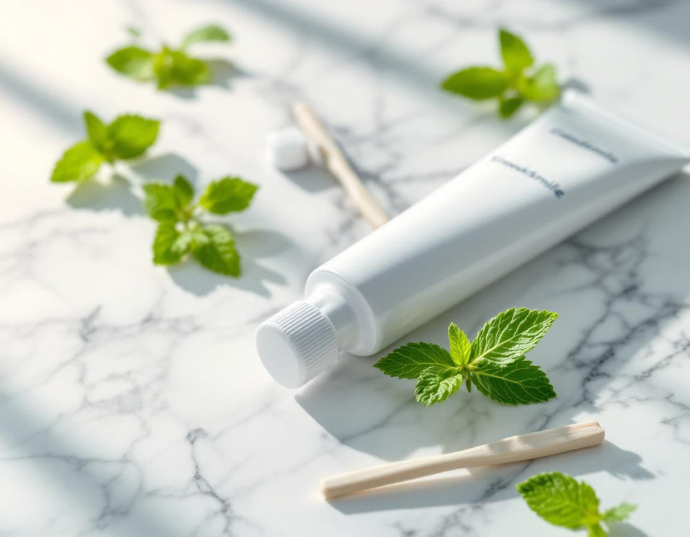 Plan rapproché de bâtons de siwak disposés avec un tube de SiwakSmile sur marbre blanc, entourés de feuilles de menthe, illustrant un moment spa naturel – siwak ou en trouver pour une hygiène buccale pure.