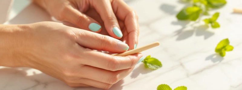 Scène zen montrant l’utilisation du siwak avec les bâtons naturels et dentifrice SiwakSmile posés sur marbre blanc, entourés de menthe fraîche et de feuillage oriental pour une hygiène pure.