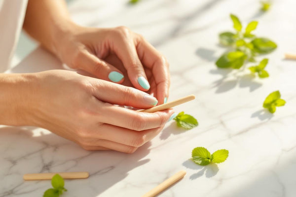 Scène zen montrant l’utilisation du siwak avec les bâtons naturels et dentifrice SiwakSmile posés sur marbre blanc, entourés de menthe fraîche et de feuillage oriental pour une hygiène pure.