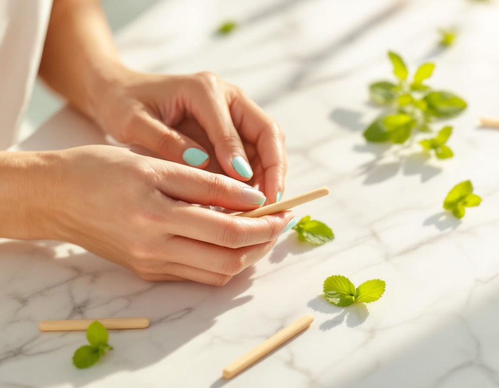 Scène zen montrant l’utilisation du siwak avec les bâtons naturels et dentifrice SiwakSmile posés sur marbre blanc, entourés de menthe fraîche et de feuillage oriental pour une hygiène pure.
