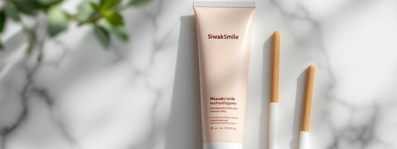 Packshot élégant avec un tube de dentifrice siwak SiwakSmile et des bâtons de siwak posés sur un marbre blanc, entourés de menthe et d’eucalyptus dans une ambiance spa naturelle.