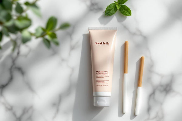 Packshot élégant avec un tube de dentifrice siwak SiwakSmile et des bâtons de siwak posés sur un marbre blanc, entourés de menthe et d’eucalyptus dans une ambiance spa naturelle.