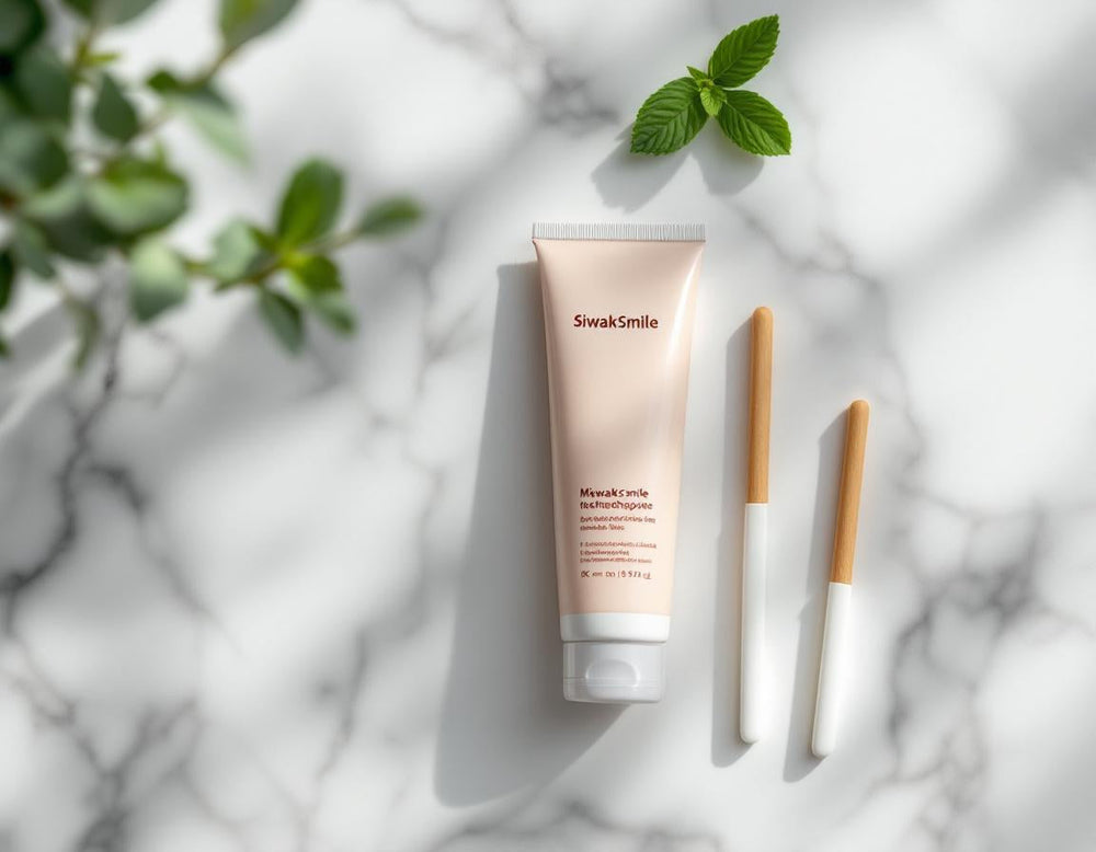 Packshot élégant avec un tube de dentifrice siwak SiwakSmile et des bâtons de siwak posés sur un marbre blanc, entourés de menthe et d’eucalyptus dans une ambiance spa naturelle.