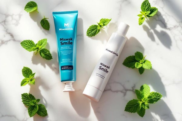 Tube de dentifrice SiwakSmile et bâtons de siwak naturel posés sur marbre blanc, entourés de feuilles de menthe, évoquant la fraîcheur et la pureté du siwak dent.