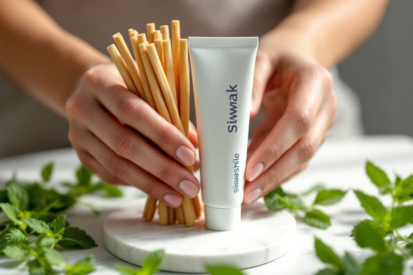 Flacon de dentifrice SiwakSmile et bâtons de siwak disposés sur un marbre blanc entouré de brins de menthe. Ambiance spa évoquant siwak avis dentiste et pureté naturelle.