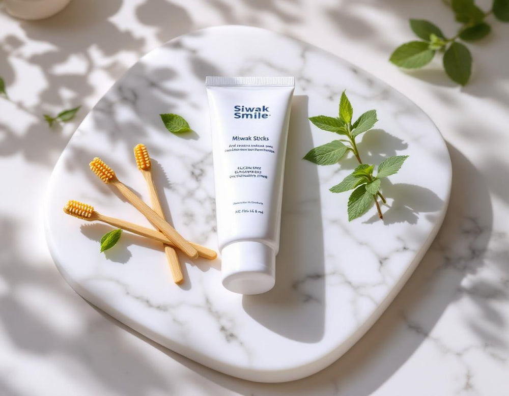 Plan détaillé de bâtons de siwak et dentifrice SiwakSmile posés sur un marbre blanc, décorés de feuilles de menthe et d’eucalyptus pour évoquer pureté et fraîcheur naturelle.