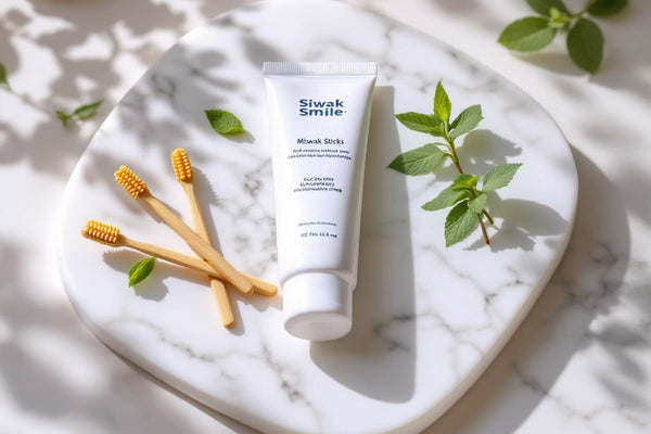 Plan détaillé de bâtons de siwak et dentifrice SiwakSmile posés sur un marbre blanc, décorés de feuilles de menthe et d’eucalyptus pour évoquer pureté et fraîcheur naturelle.