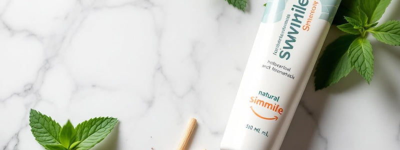 Scène zen avec un bâton de siwak naturel et un tube de dentifrice SiwakSmile sur un marbre blanc, entourés de brins de menthe fraîche, évoquant pureté et fraîcheur végétale.