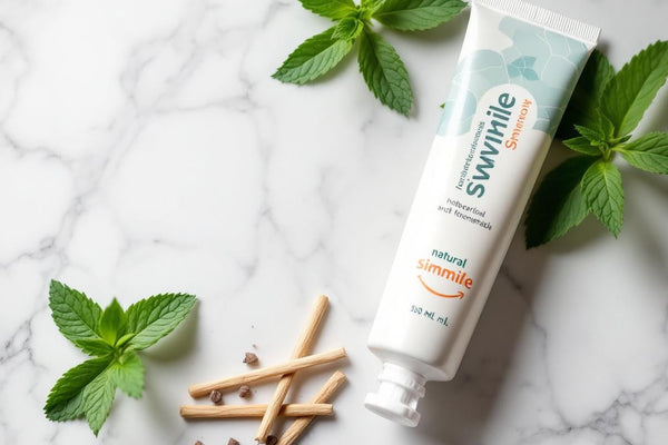 Scène zen avec un bâton de siwak naturel et un tube de dentifrice SiwakSmile sur un marbre blanc, entourés de brins de menthe fraîche, évoquant pureté et fraîcheur végétale.
