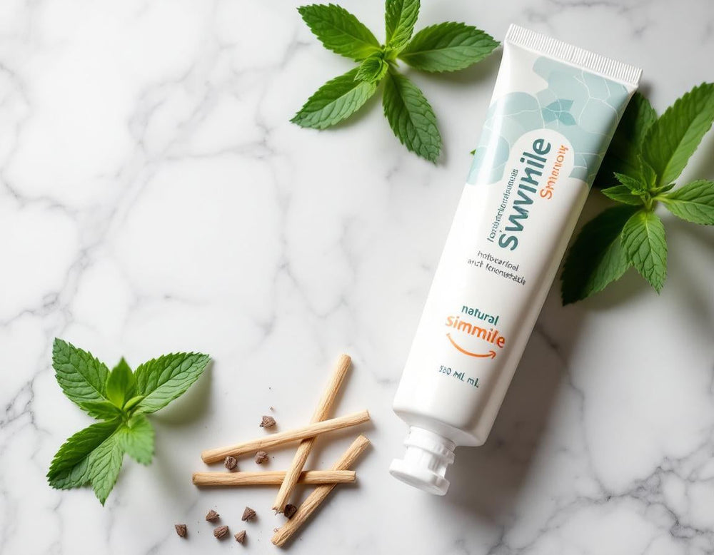 Scène zen avec un bâton de siwak naturel et un tube de dentifrice SiwakSmile sur un marbre blanc, entourés de brins de menthe fraîche, évoquant pureté et fraîcheur végétale.