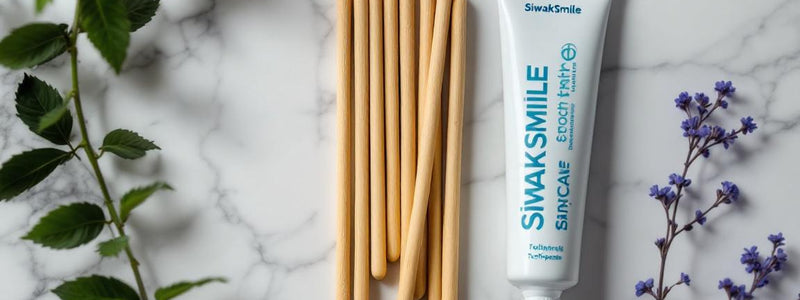 Mise en scène zen de bâtons de siwak et dentifrice SiwakSmile sur marbre blanc entourés de menthe et feuillages, illustrant comment utiliser le siwak pour une hygiène dentaire fraîche.