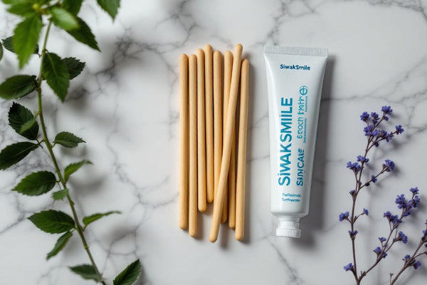 Mise en scène zen de bâtons de siwak et dentifrice SiwakSmile sur marbre blanc entourés de menthe et feuillages, illustrant comment utiliser le siwak pour une hygiène dentaire fraîche.