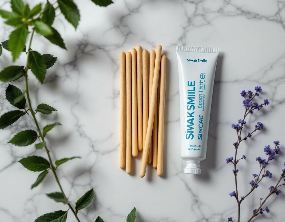 Mise en scène zen de bâtons de siwak et dentifrice SiwakSmile sur marbre blanc entourés de menthe et feuillages, illustrant comment utiliser le siwak pour une hygiène dentaire fraîche.
