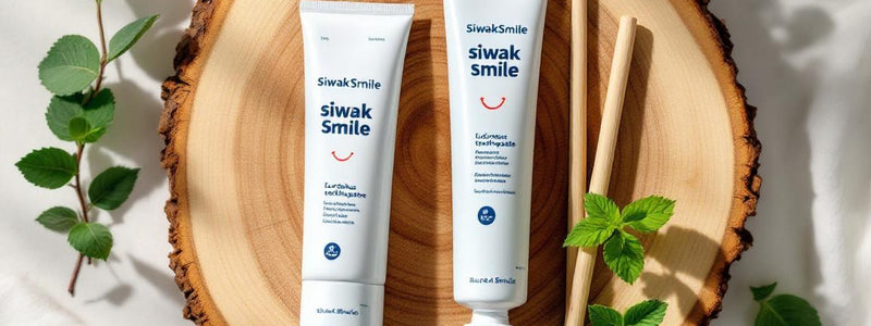 Ambiance zen avec bâtons de siwak naturel et dentifrice SiwakSmile posés sur un plateau en bois, menthe et eucalyptus apportent fraîcheur tout en suggérant subtilement le siwak danger à éviter.