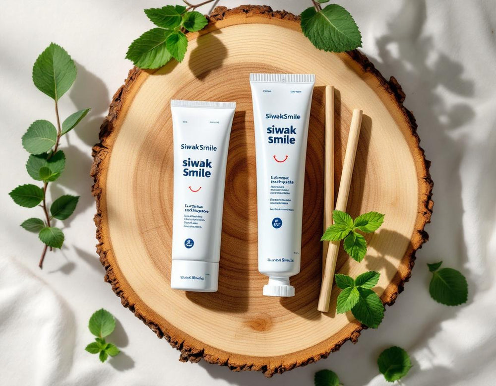 Ambiance zen avec bâtons de siwak naturel et dentifrice SiwakSmile posés sur un plateau en bois, menthe et eucalyptus apportent fraîcheur tout en suggérant subtilement le siwak danger à éviter.