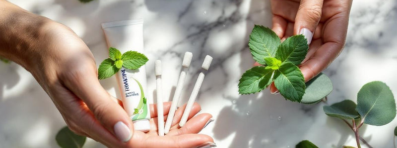 Mise en scène élégante de bâtons de siwak naturel SiwakSmile et dentifrice mentholé sur marbre blanc, entourés de feuilles d’eucalyptus et gouttes d’eau, illustrant la fraîcheur siwak carrefour.