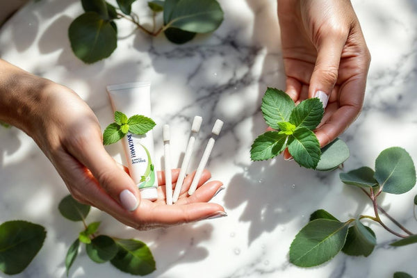 Mise en scène élégante de bâtons de siwak naturel SiwakSmile et dentifrice mentholé sur marbre blanc, entourés de feuilles d’eucalyptus et gouttes d’eau, illustrant la fraîcheur siwak carrefour.