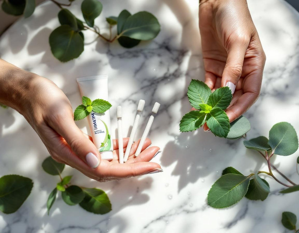 Mise en scène élégante de bâtons de siwak naturel SiwakSmile et dentifrice mentholé sur marbre blanc, entourés de feuilles d’eucalyptus et gouttes d’eau, illustrant la fraîcheur siwak carrefour.