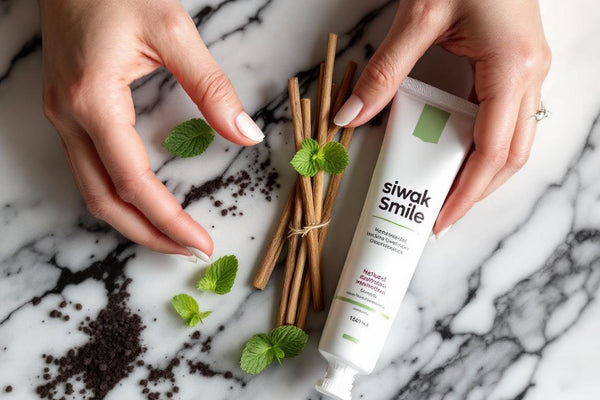 Un bâton de siwak naturel (siwak baton) posé à côté d'un tube de dentifrice SiwakSmile sur marbre blanc, entouré de feuilles de menthe fraîche, éclairé par un doux halo de lumière naturelle