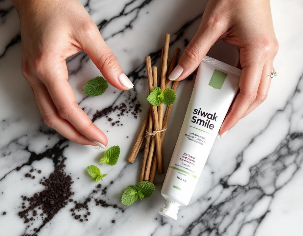 Un bâton de siwak naturel (siwak baton) posé à côté d'un tube de dentifrice SiwakSmile sur marbre blanc, entouré de feuilles de menthe fraîche, éclairé par un doux halo de lumière naturelle
