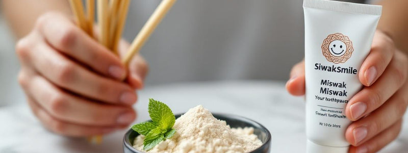 Plan épuré sur bâtons de siwak, dentifrice SiwakSmile et bol de poudre de siwak posé sur marbre blanc, souligné par une branche de menthe évoquant pureté et fraîcheur.