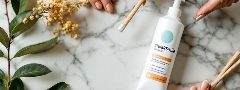 Plan à plat de bâtons de siwak et pot de dentifrice SiwakSmile sur marbre blanc, agrémenté de feuilles vertes, illustrant la pureté végétale et la fraîcheur de la poudre siwak.