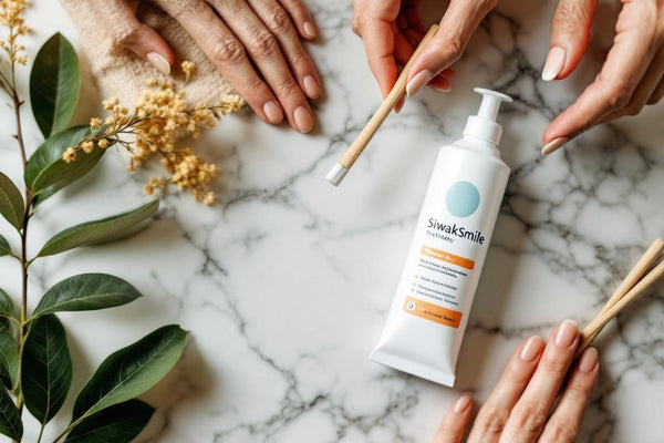 Plan à plat de bâtons de siwak et pot de dentifrice SiwakSmile sur marbre blanc, agrémenté de feuilles vertes, illustrant la pureté végétale et la fraîcheur de la poudre siwak.