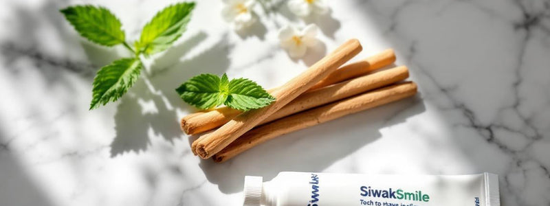 Plan rapproché d’un bâton siwak naturel et d’un dentifrice SiwakSmile posés sur un marbre, entourés de brins de menthe et de feuillages d’eucalyptus dans une ambiance zen.
