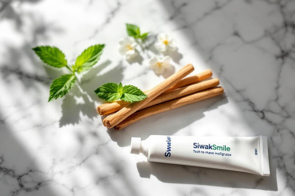 Plan rapproché d’un bâton siwak naturel et d’un dentifrice SiwakSmile posés sur un marbre, entourés de brins de menthe et de feuillages d’eucalyptus dans une ambiance zen.